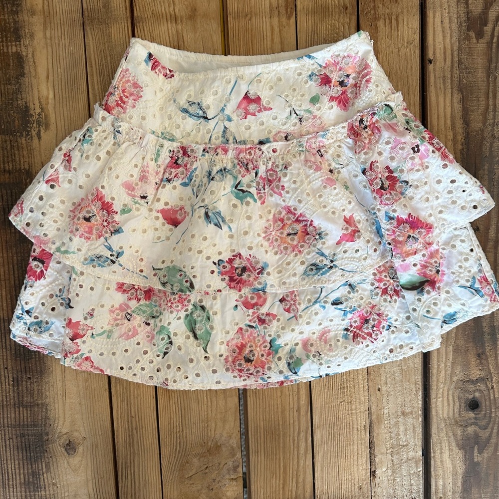 Showpo‎ Floral Eyelet Mini Skirt White Pink Tiered Ruffle Skater Skirt US 4